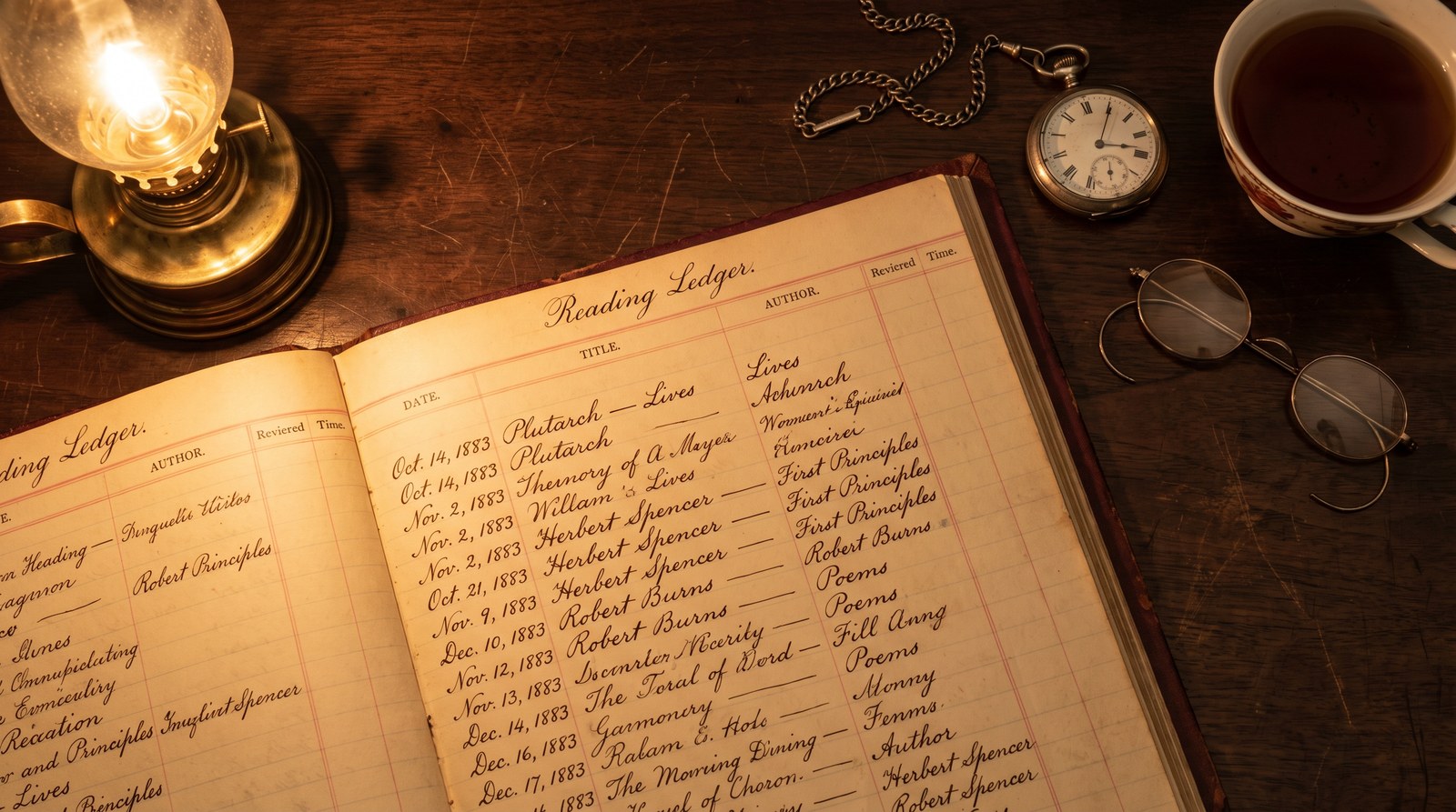 Andrew Carnegie's reading ledger with handwritten entries of Plutarch, Herbert Spencer, Robert Burns from 1883